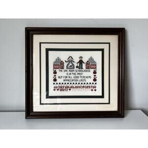 Vtg ABC Schoolhouse Cross Stitch Needlepoint Framed Art Picture Quote